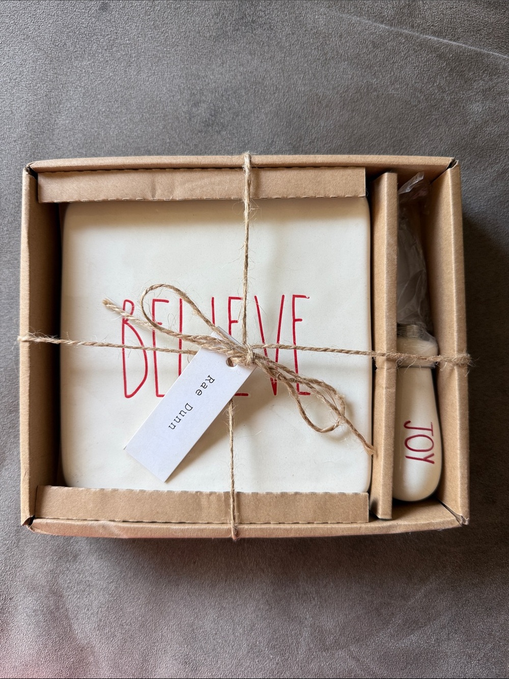 Rae Dunn White Ceramic 'Believe' Square Dish with Red Lettering and Spoon
